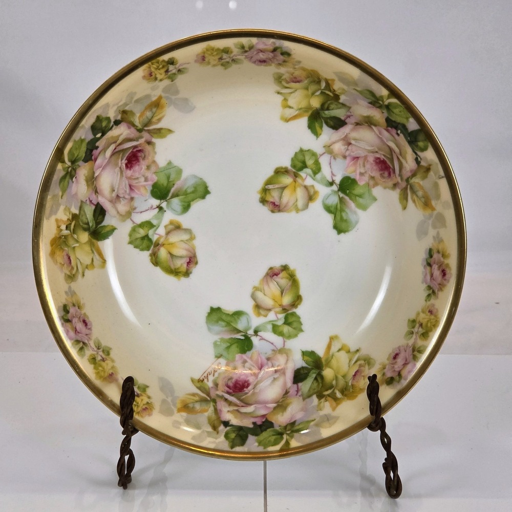 Antique Royal Rudolstadt Prussia B Crown Hand Painted Pink Yellow Rose Bowl 9.25